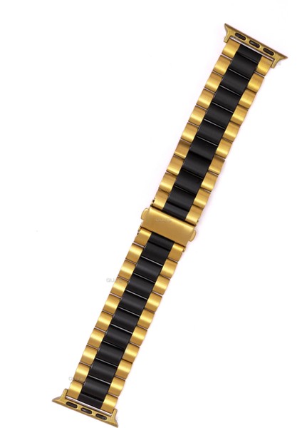 Paslanmaz Çelik Üç Bakla Metal Kordon, Apple Watch Series SE/11/10/9/8/7/6/5/4/3 ile Uyumlu, 46MM/45MM/44MM, Gold&siyah