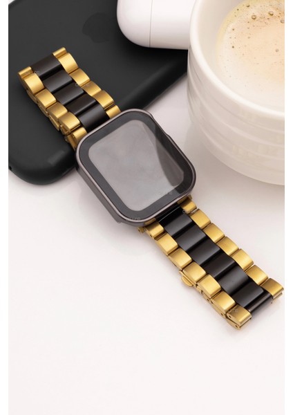 Paslanmaz Çelik Üç Bakla Metal Kordon, Apple Watch Series SE/11/10/9/8/7/6/5/4/3 ile Uyumlu, 46MM/45MM/44MM, Gold&siyah fiyatları