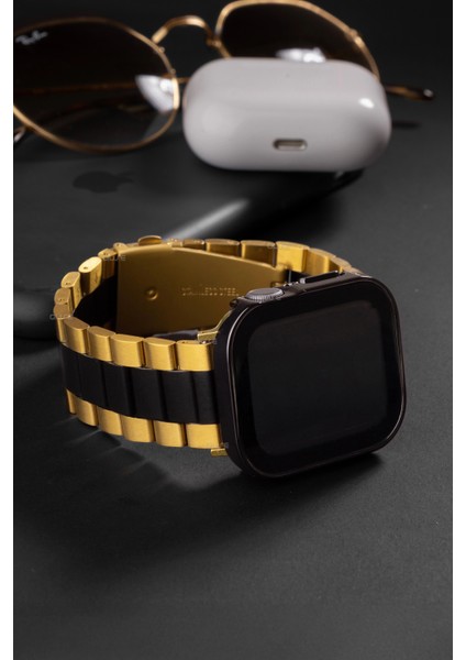 Paslanmaz Çelik Üç Bakla Metal Kordon, Apple Watch Series SE/11/10/9/8/7/6/5/4/3 ile Uyumlu, 46MM/45MM/44MM, Gold&siyah modelleri