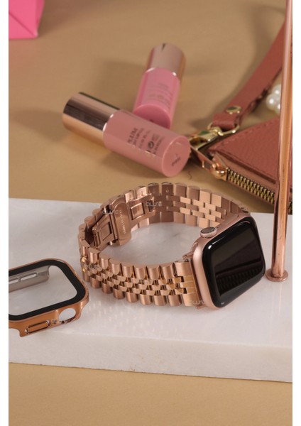 Jubilee Paslanmaz Çelik Metal Kordon, Apple Watch Series SE/11/10/9/8/7/6/5/3 ile Uyumlu, 46MM/45MM/44MM, Rose Gold modelleri