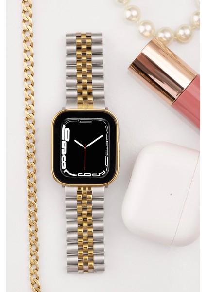 Jubilee Paslanmaz Çelik Metal Kordon, Apple Watch Series SE/11/10/9/8/7/6/5/3 ile Uyumlu, 46MM/45MM/44MM, Gümüş&gold fiyatları