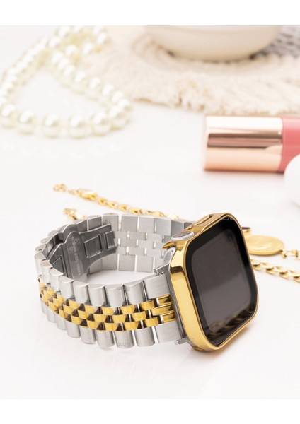 Jubilee Paslanmaz Çelik Metal Kordon, Apple Watch Series SE/11/10/9/8/7/6/5/3 ile Uyumlu, 46MM/45MM/44MM, Gümüş&gold modelleri
