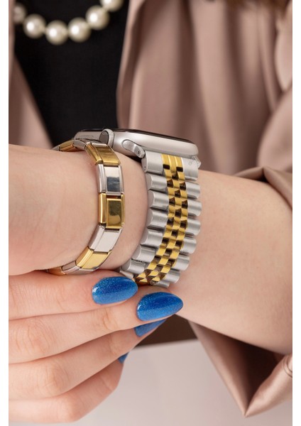 Jubilee Paslanmaz Çelik Metal Kordon, Apple Watch Series SE/11/10/9/8/7/6/5/3 ile Uyumlu, 46MM/45MM/44MM, Gümüş&gold fırsatları