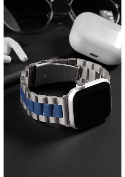Paslanmaz Çelik Üç Bakla Metal Kordon, Apple Watch Series SE/11/10/9/8/7/6/5/4/3 ile Uyumlu, 42MM/41MM/40MM/38MM, Gümüş&mavi modelleri