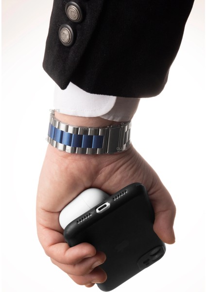 Paslanmaz Çelik Üç Bakla Metal Kordon, Apple Watch Series SE/11/10/9/8/7/6/5/4/3 ile Uyumlu, 42MM/41MM/40MM/38MM, Gümüş&mavi fırsatları