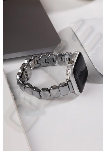 Oniks Serisi Çelik Kordon, Apple Watch Series SE/11/10/9/8/7/6/5/4/3 ile Uyumlu, 42MM/41MM/40M/38MM, Gümüş modelleri