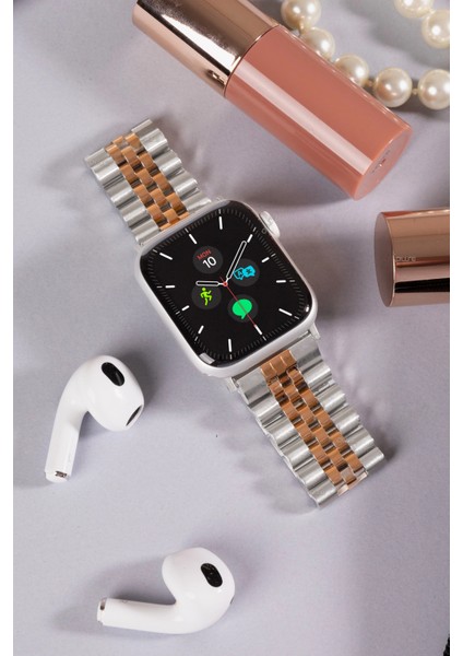Jubilee Paslanmaz Çelik Metal Kordon, Apple Watch Series Se/10/9/8/7/6/5/4/3 ile Uyumlu, 46MM/45MM/44MM/42MM, Gümüş&rose Gold fiyatları