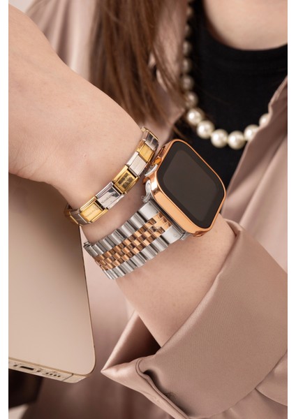 Jubilee Paslanmaz Çelik Metal Kordon, Apple Watch Series Se/10/9/8/7/6/5/4/3 ile Uyumlu, 46MM/45MM/44MM/42MM, Gümüş&rose Gold fırsatları
