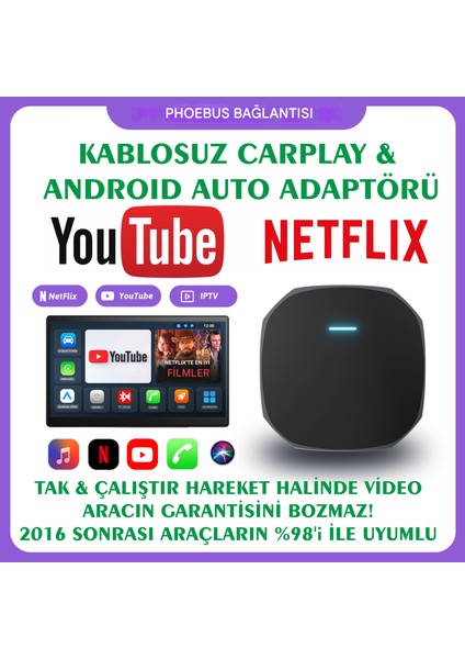 Carplay & Android Auto Kablosuz Adaptör 4gb RAM+64GB Rom Youtube Netflix Video Oynatma Kutusu Ai Box