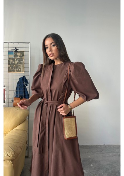 Tencel Karpuz Kol Elbise - Kahverengi