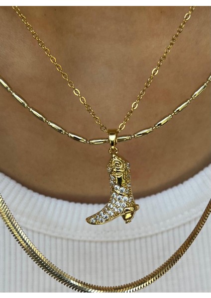 Çelik Gold Vintage Taşlı Çizme Model Kolye