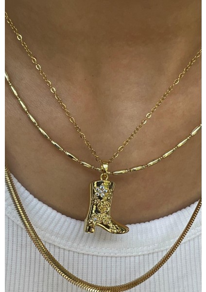 Çelik Gold Vintage Taşlı Çizme Model Kolye