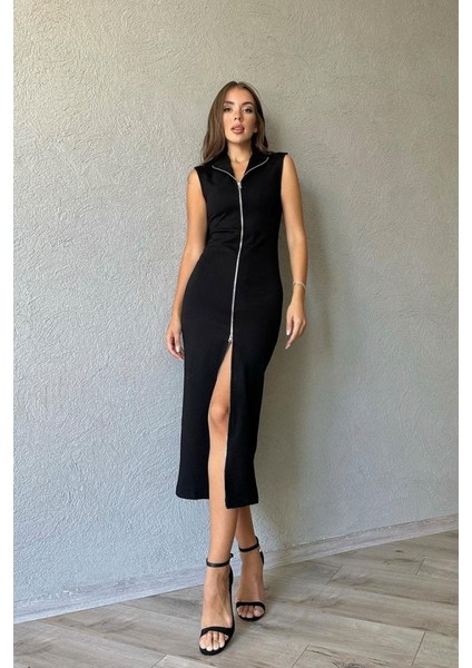 Asfstore Siyah Boydan Fermuarlı Sıfır Kol Elbise