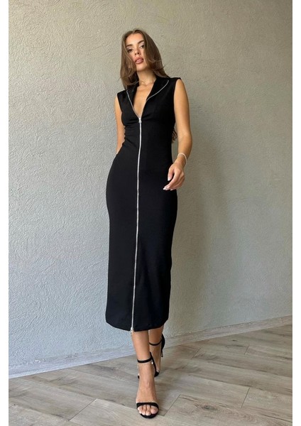 Asfstore Siyah Boydan Fermuarlı Sıfır Kol Elbise