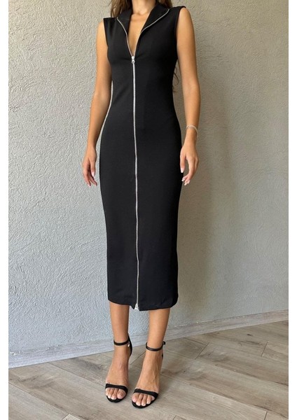Asfstore Siyah Boydan Fermuarlı Sıfır Kol Elbise