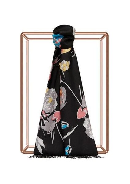 Göksu Sefası Desenli İpek Şal 05213 Siyah