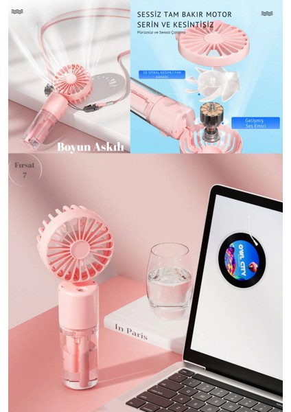 Mini Fan Şarjlı El Fanı Su Püskürtmeli Boyun Askılı Mini Klima Fan Vantilatör USB Sarjlı Buzlu Fan