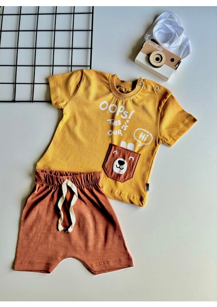 Erkek Bebek Ayıcıklı Şortlu Takım Hardal Kiremit