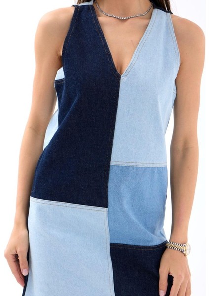Asfstore 7385 Kot Elbise-Mavi