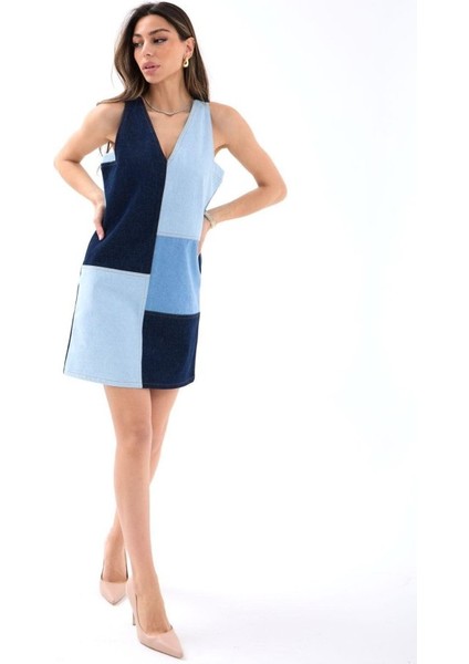 Asfstore 7385 Kot Elbise-Mavi