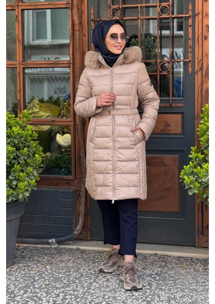 Suni Kürklü Kapüşonlu Anorak Mont KA-A24-27303 Bej