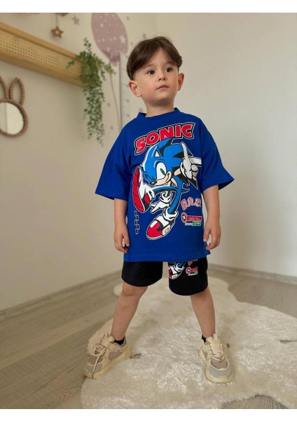 Mavi Sonic Baskılı Şort-Tişört Yazlık Erkek Çocuk Takım