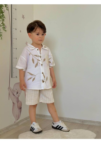 Yaprak Baskılı Keten Şort-Gömlek Yazlık Erkek Çocuk Takım