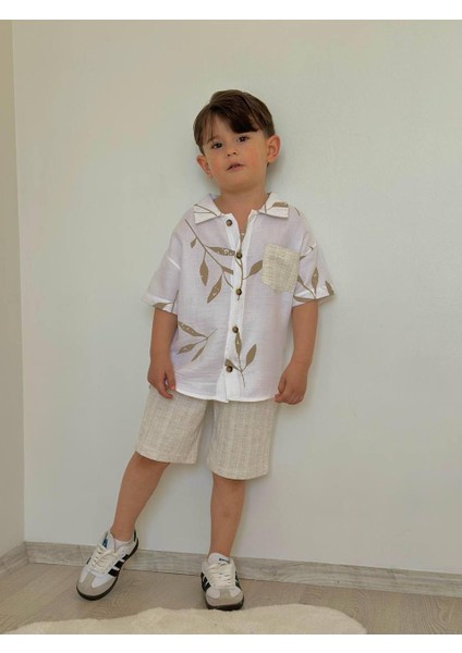 Yaprak Baskılı Keten Şort-Gömlek Yazlık Erkek Çocuk Takım fiyatları