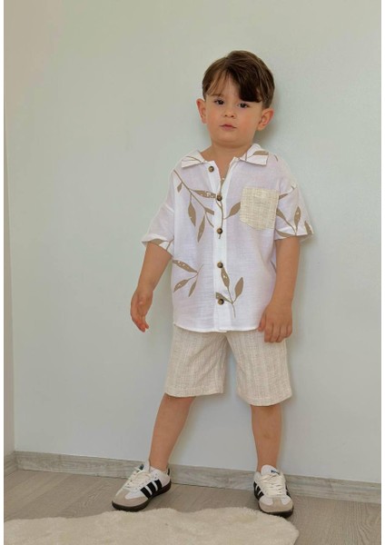 Yaprak Baskılı Keten Şort-Gömlek Yazlık Erkek Çocuk Takım modelleri