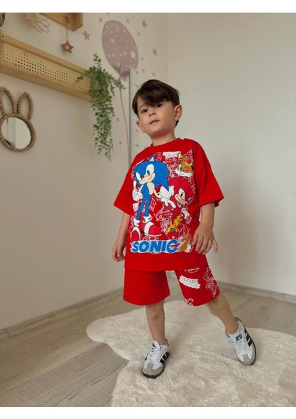 Kırmızı Sonic Baskılı Şort-Tişört Yazlık Erkek Çocuk Takım