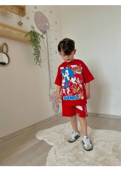 Kırmızı Sonic Baskılı Şort-Tişört Yazlık Erkek Çocuk Takım