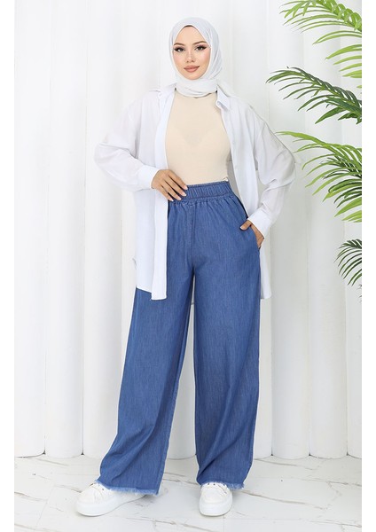 Tensel Kumaş Beli Lastikli Kot Pantolon 5827-02 Mavi