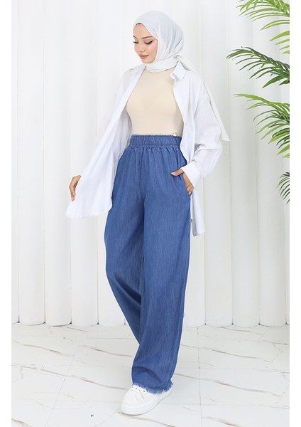 Tensel Kumaş Beli Lastikli Kot Pantolon 5827-02 Mavi
