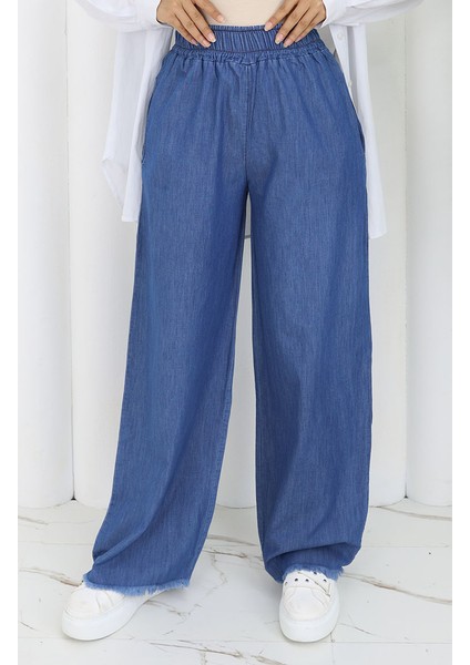 Tensel Kumaş Beli Lastikli Kot Pantolon 5827-02 Mavi