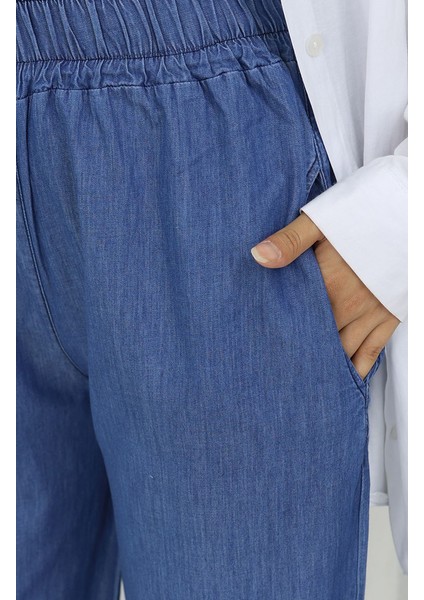 Tensel Kumaş Beli Lastikli Kot Pantolon 5827-02 Mavi