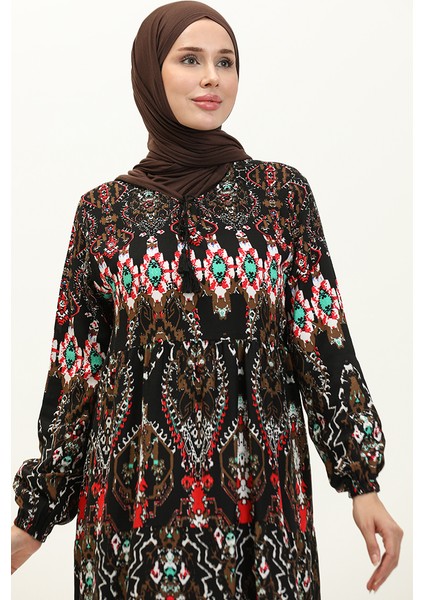 Viskon Desenli Elbise 4085-03 Siyah modelleri