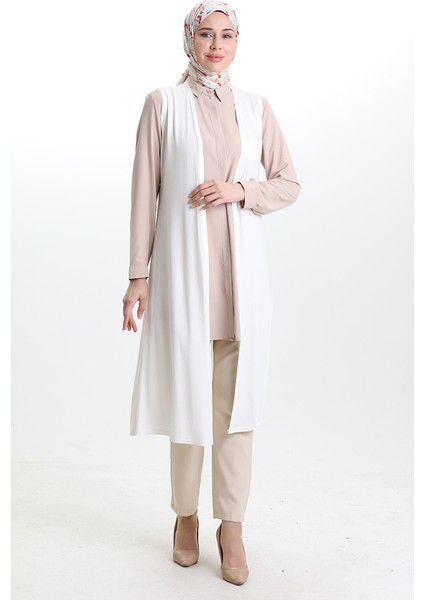 Mevsimlik Uzun Basic Yelek Büyük Beden Anne Yelek 8748-A04 Kırık Beyaz