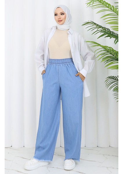Tensel Kumaş Beli Lastikli Kot Pantolon 5827-01 Açık Mavi