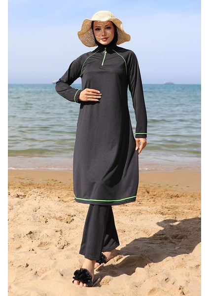 Fermuarlı Tesettür Mayo 2504-01 Siyah Yeşil