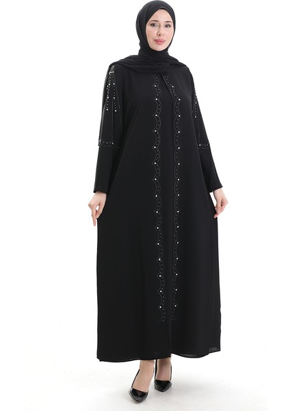 Büyük Beden Petek Kumaş Taşlı Elbise 6246-01 Siyah