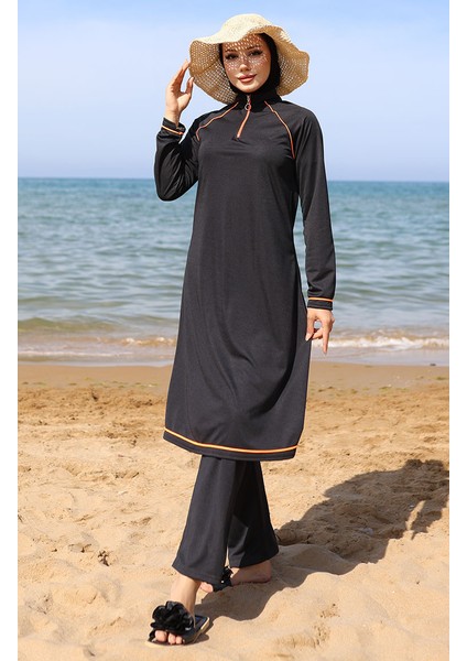 Fermuarlı Tesettür Mayo Kadınlar İçin Siyah ve Oranj Detaylı Rahat Tasarım