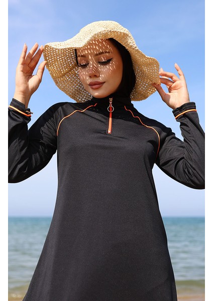 Fermuarlı Tesettür Mayo Kadınlar İçin Siyah ve Oranj Detaylı Rahat Tasarım fiyatları