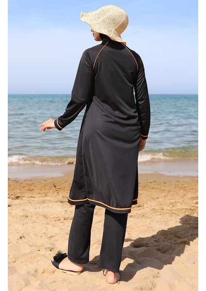 Fermuarlı Tesettür Mayo Kadınlar İçin Siyah ve Oranj Detaylı Rahat Tasarım fırsatları