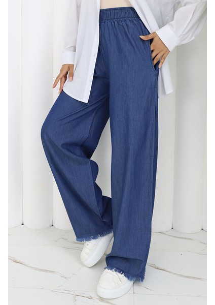 Tensel Kumaş Beli Lastikli Kot Pantolon 5827-03 Lacivert modelleri