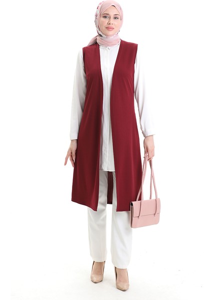 Mevsimlik Uzun Basic Yelek Büyük Beden Anne Yelek 8748-02 Bordo