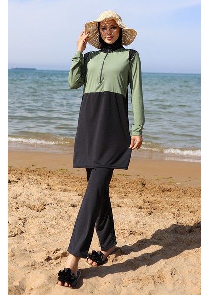 Fermuarlı Tesettür Mayo 2508-03 Haki Siyah