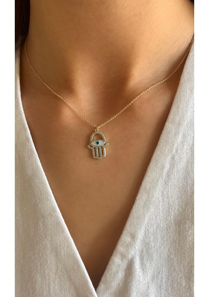 Zirkon Taşlı Mavi Detaylı Çelik Gold Hamsa El Kolye 45CM