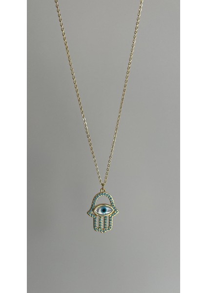 Zirkon Taşlı Mavi Detaylı Çelik Gold Hamsa El Kolye 45CM