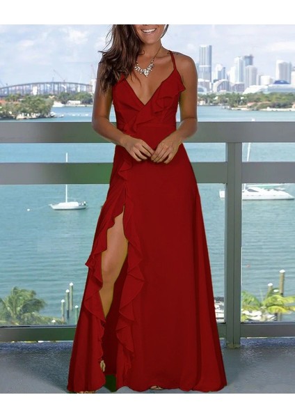 Miracotton Kadın Ip Askılı Dekolteli Yırtmaç Detay Krep Elbise