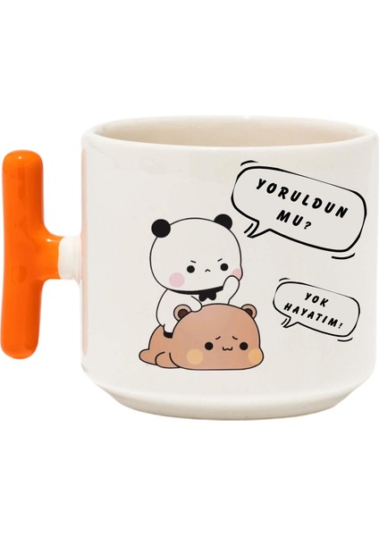 ,Tasarım Tosbik Çift Kupa Bardak ,Turuncu T Kulp Mug, Özel Seramik Bardak , Kişiselleştirilmiş Hediye